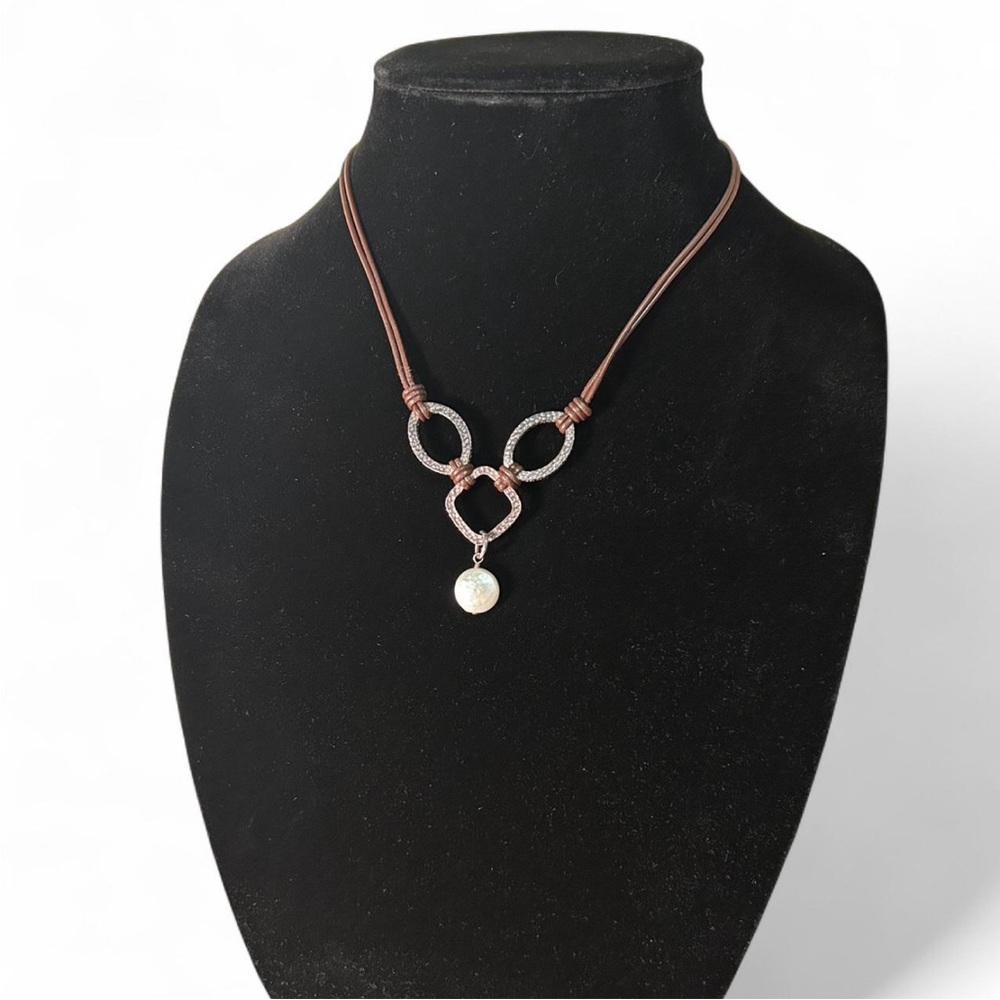 Boho Brown and Hammered Silver Bib Necklace Faux Pearl